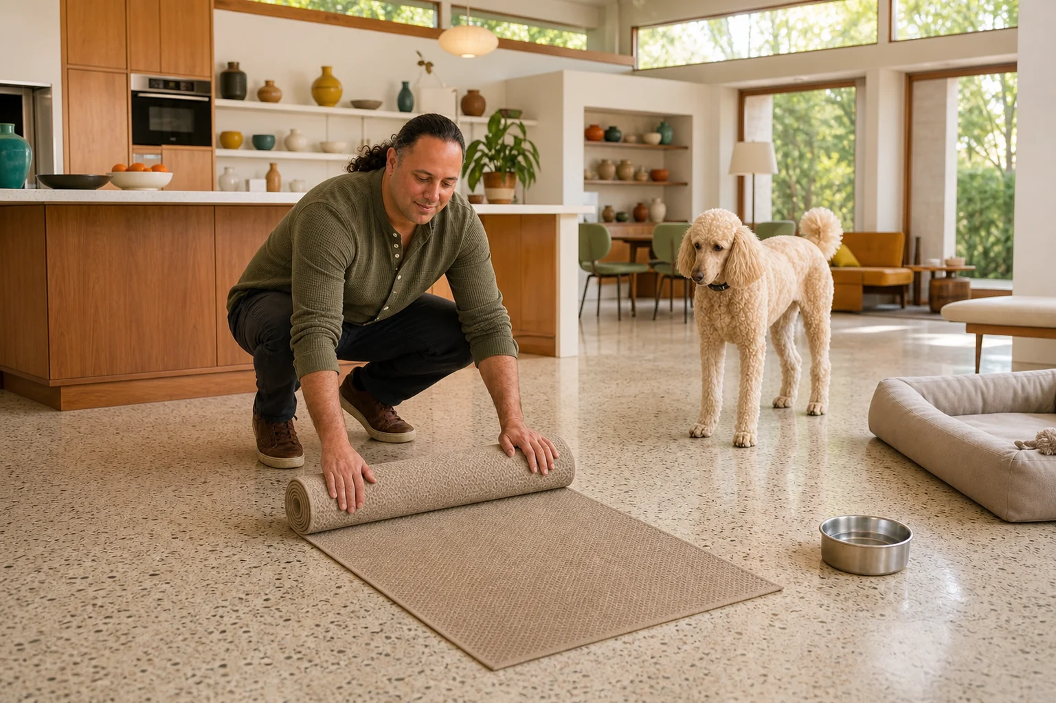 Sina Vakili unrolling a non-slip mat while a poodle watches