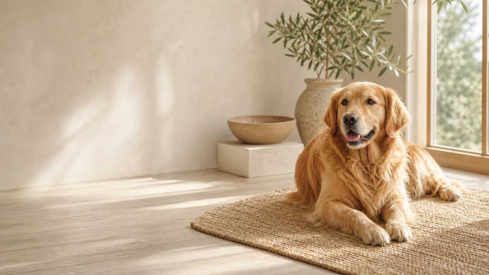 Relaxed golden retriever resting on a woven rug in a sunlit home