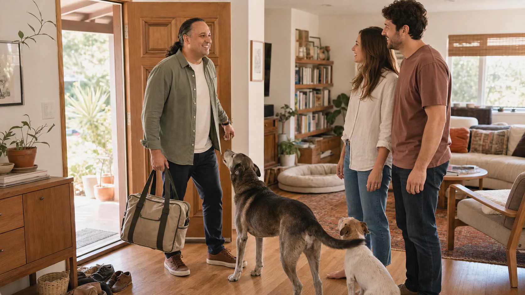 Sina Vakili arriving at a bright family home as two dogs and their guardians welcome him